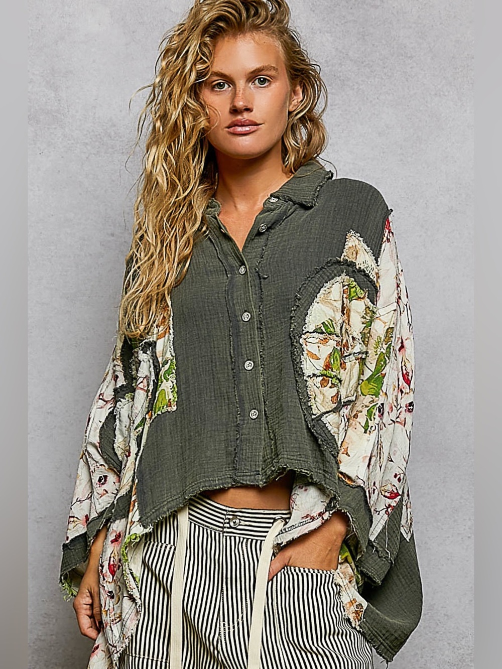 T2 POL Button-Front Patchwork Peace Top - Picture 2 of 3